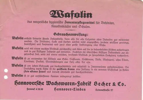 Werbezettel, Hannoversche Wachswaren-Fabrik Becher & Co. für Wasolin, 1930er