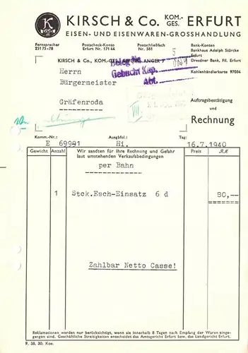 Rechnung, Kirsch & Co KG, Eisen- und Eisenwaren-Grosshandlung, Erfurt, 1940
