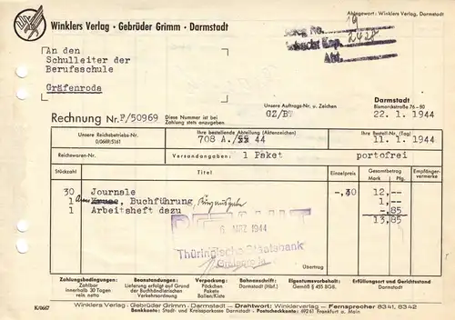 Rechnung, Winklers Verlag, Gebrüder Grimm, Darmstadt, 22.01.1944