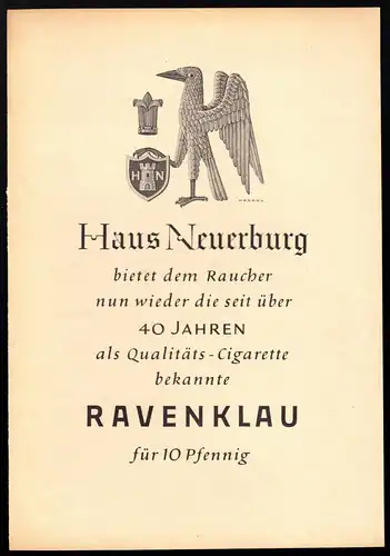 Zeitschriftenwerbung, Fa. Haus Neuerburg, Zigarette Ravenklau, 1950er