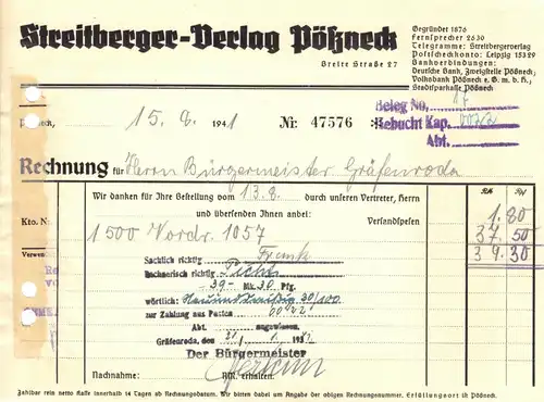 Rechnung, Streitberger-Verlag, Pößneck, Breite Str. 27, 15.8.41