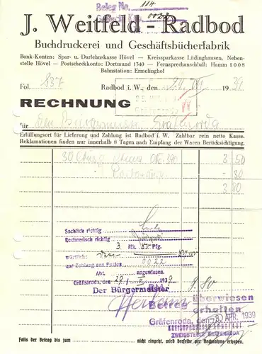 Rechnung, Fa. J. Weitfeld, Buchdruckerei, Radbod i. Westf., 24.7.39