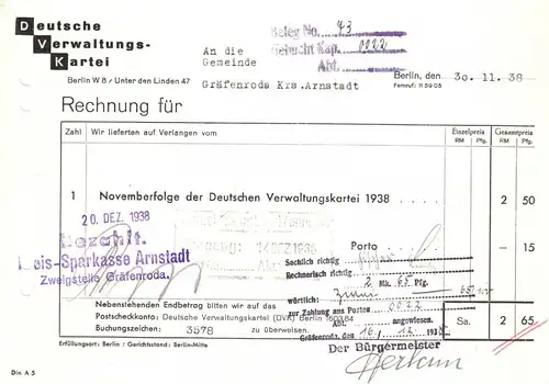 Rechnung, Deutsche Verwaltungskartei, Berlin W 8, Unter d. Linden 47, 30.11.1938