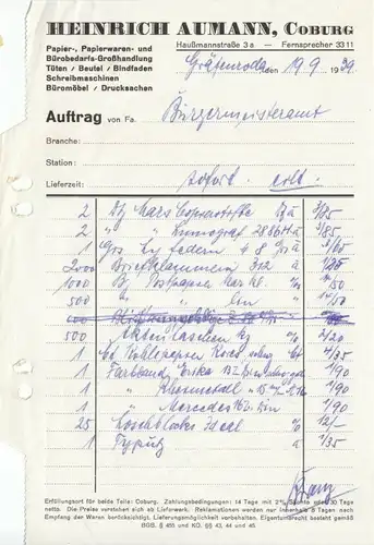 Auftrag, Fa. Heinrich Aumann, Coburg, 19.09.1939