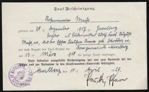 Tauf-Bescheinigung vom 10.4.1929, gesiegelt: Kirchensiegel zu Havelberg