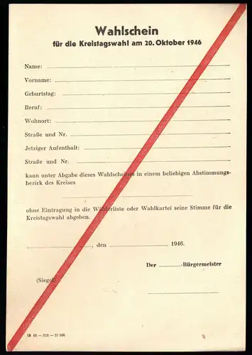 Wahlschein für die Kreistagswahl am 20. Oktober 1946, blanko