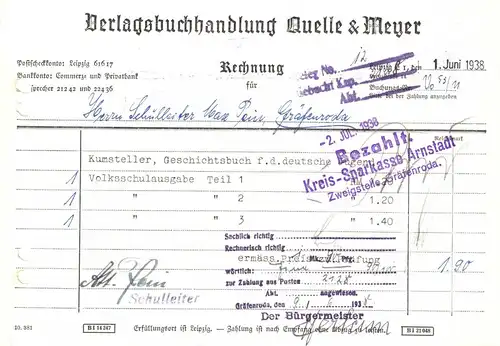 Rechnung, Verlagsbuchhandlung Quelle & Meyer, Leipzig C 1, Kreuzstr. 14, 1.6.38