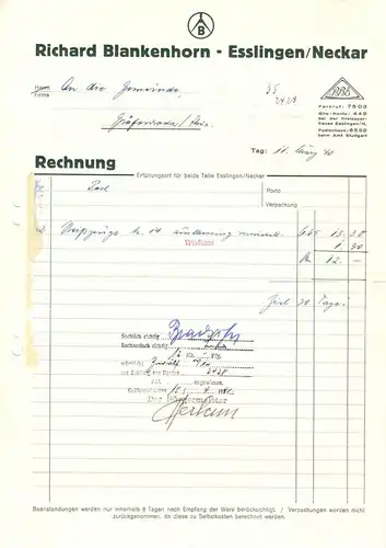 Rechnung, Fa. Richard Blankenhorn, Esslingen / Neckar, 11.3.1940