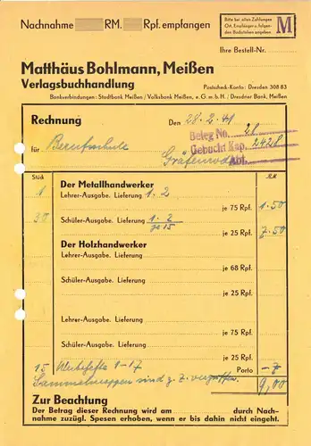 Rechnung, Verlagsbuchhandlung Matthäus Bohlmann, Meißen, 28.2.41
