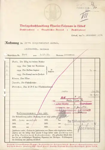Rechnung, Verlagsbuchhandlung Charles Coleman in Lübeck, 9.12.36