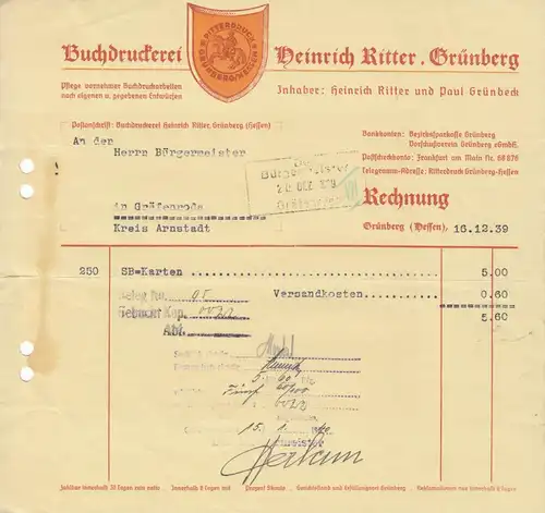 Rechnung, Buchdruckerei Heinrich Ritter, Grünberg Hessen, 16.12.39