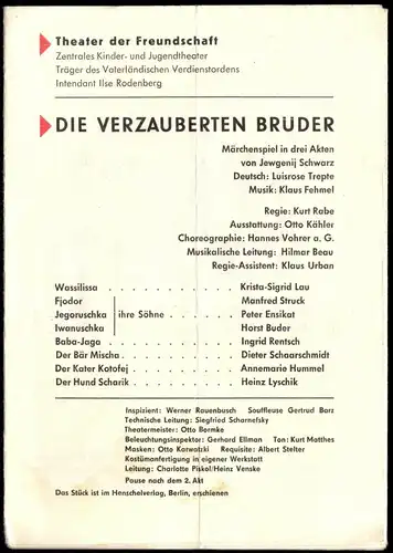 Theaterprogramm, Theater der Freundschaft, Berlin, Die verzauberten Brüder, 1970