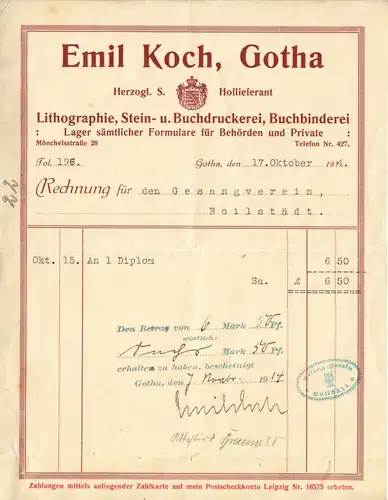ill. Rechnung, Fa. Emil Koch, Buchdruckerei, Buchbinderei, Gotha 17.10.1914