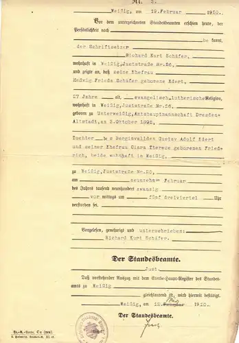 Konglomerat von zehn Personenstandsurkunden Raum Dresden / Freital, 1917-56