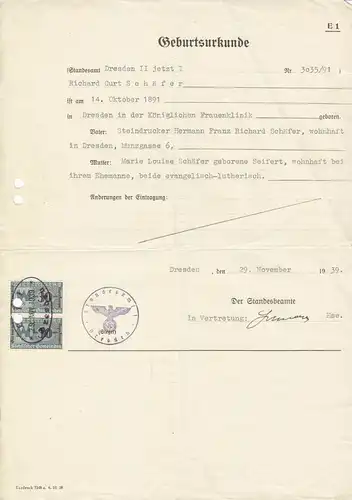 Konglomerat von zehn Personenstandsurkunden Raum Dresden / Freital, 1917-56