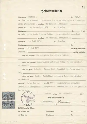 Konglomerat von zehn Personenstandsurkunden Raum Dresden / Freital, 1917-56