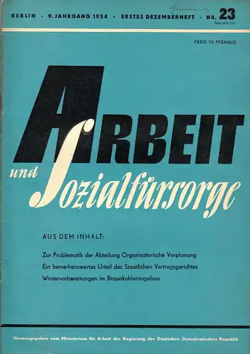 Zeitschrift "Arbeit und Sozialfürsorge", Heft 23, 1954