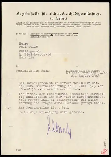 Briefwechsel, Schwerbeschädigtenstelle Erfurt, o Erfurt 1, 25.8.43