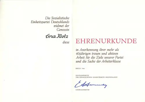 Ehrenurkunde, DDR, SED, 40jährige Parteiarbeit, 1986, mit Mappe