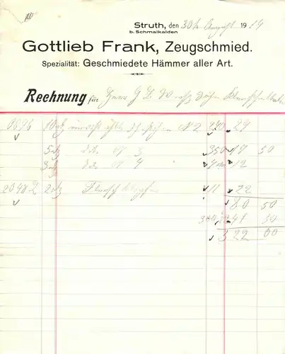 Rechnung, Gottlieb Frank, Zeugschmied, Struth b. Schmalkalden, 30.08.1919
