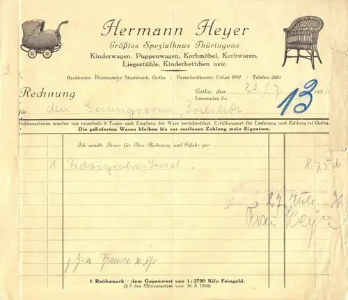 ill. Rechnung, Fa. Hermann Heyer, Kinderwagen, Korbmöbel, ..., Gotha, 22.7.1936