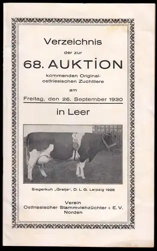 Verzeichnis, 68 Auktion ostfriesischer Zuchttiere, Leer, 26.09.1930, mit Umschl.