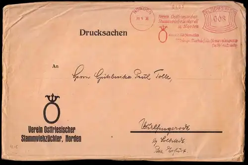 Verzeichnis, 68 Auktion ostfriesischer Zuchttiere, Leer, 26.09.1930, mit Umschl.