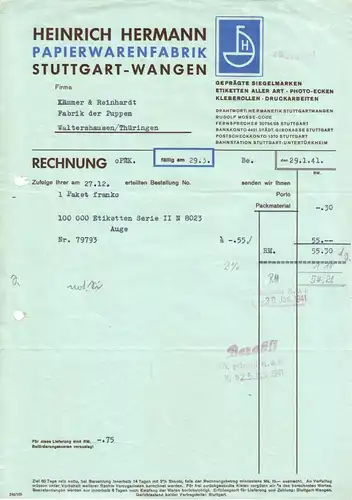 Rechnung, Heinrich Hermann, Papierwarenfabik, Stuttgart-Wangen, 29.1.1941