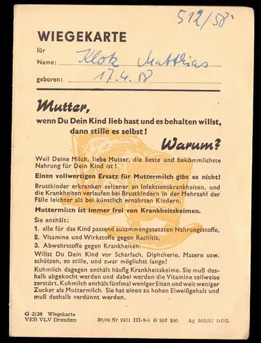 Wiegekarte, Mütterberatungs-Hauptstelle, Meiningen, 1958/59