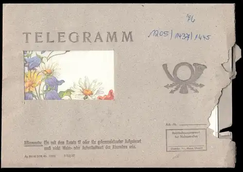 Schmuckblatttelegramm der Deutschen Post, um 1986