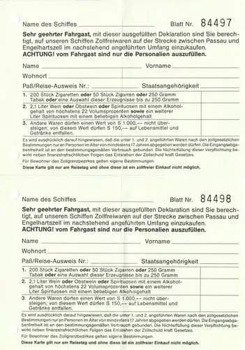 Deklaration für zollfreien Einkauf (2), Passau u. Engelhartszell, blanko, 1990er