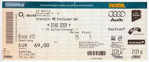 Eintrittskarte, O2 World Berlin, Echo-Verleihung 2009, mit Autogrammen