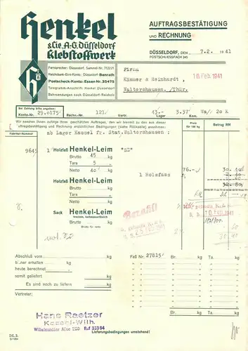 Rechnung, Henkel & Cie A.-G. Klebstoffwerk, Düsseldorf, 7.2.1941