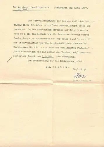 Konglomerat von sechs Briefen vom Finanzamt Nordhausen, 1927 bis 1930