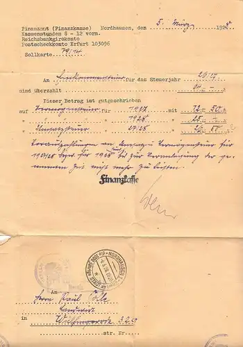 Konglomerat von sechs Briefen vom Finanzamt Nordhausen, 1927 bis 1930