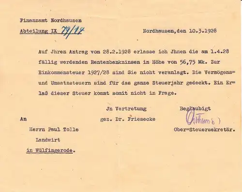 Konglomerat von sechs Briefen vom Finanzamt Nordhausen, 1927 bis 1930