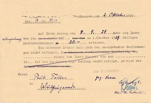 Konglomerat von sechs Briefen vom Finanzamt Nordhausen, 1927 bis 1930