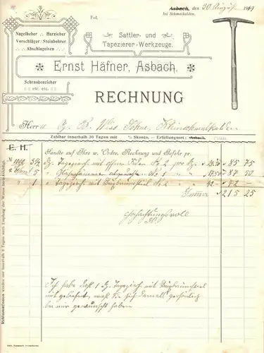 ill. Rechnung, Fa. Ernst Häfner, Struth, Sattler-Werkzeuge, 30.08.1909
