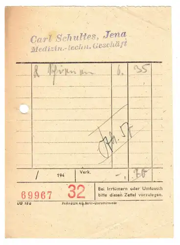 Quittung, Fa. Carl Schultes, Medizin.-techn. Geschäft, Jena, 1950