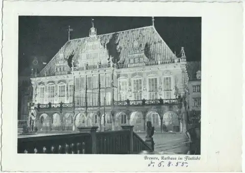 AK, Bremen, Rathaus im Flutlicht, 1955