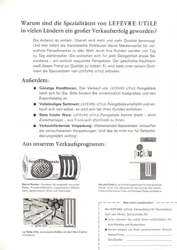 Werbelatt der franz. Fa. LEFÈVRE-UTILE für den Verkauf von Gebäck, Marke LU 1958