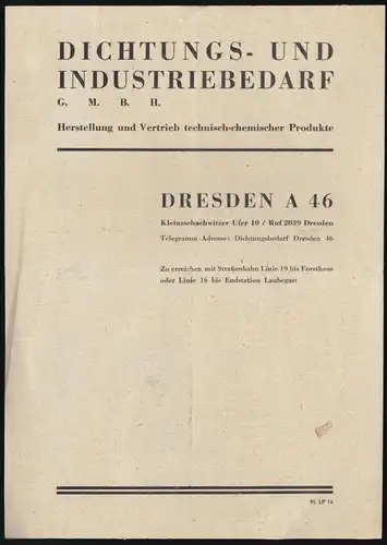 Werbeblatt, Fa. Dichtungs- u. Industriebedarf GmbH, Dresden A 46 für Kitte, 1950