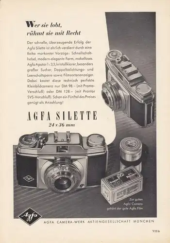 Zeitschriftenwerbung, Fototechnik, Fotoapparate der Fa. AGFA, vier Blatt, 1950er