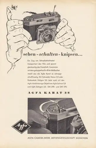 Zeitschriftenwerbung, Fototechnik, Fotoapparate der Fa. AGFA, vier Blatt, 1950er