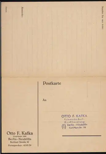 Werbepostkarte der Fa. Otto F. Kafka, Friseurbedarf, Berlin Neukölln, um 1950