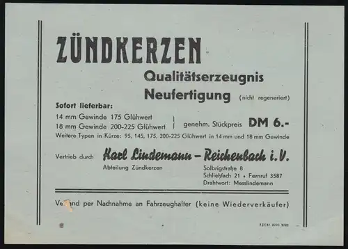 Werbeblatt, Fa. Karl Lindemann, Reichenbach i.V., Vertrieb von Zündkerzen, 1950