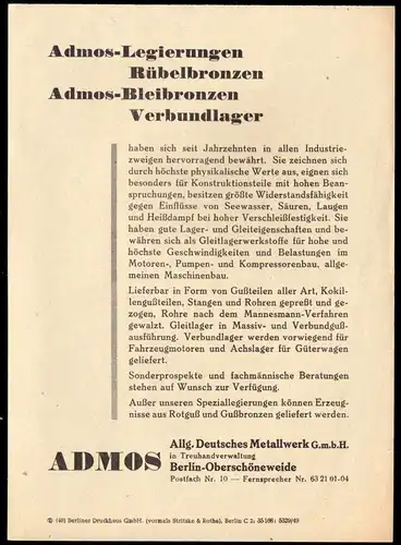 Werbeblatt, Fa. Admos, Berlin Oberschöneweide für Legierungen, 1949