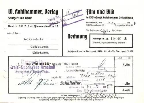 Rechnung, Verlag W. Kohlhammer, Film und Bild, Berlin NW 7, 2.1.39