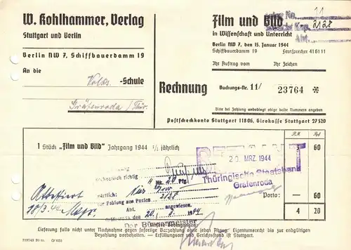 Rechnung, Verlag W. Kohlhammer, Film und Bild, Berlin NW 7, 15.01.44