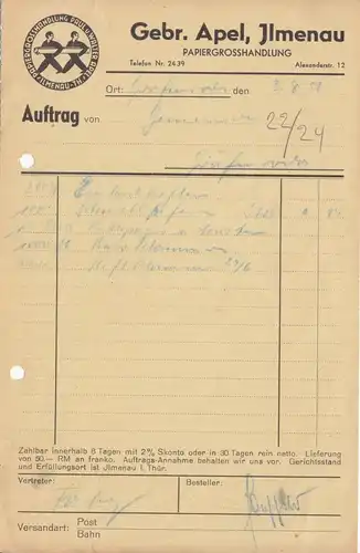 Rechnung, Fa. Gebr. Apel, Ilmenau i. Thür., Papiergrosshandlung, 3.8.51